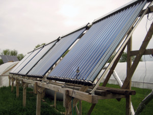 Evacuated tube solar thermal system at Appleton Farms, a property of The Trustees of Reservations in Ipswich, MA 